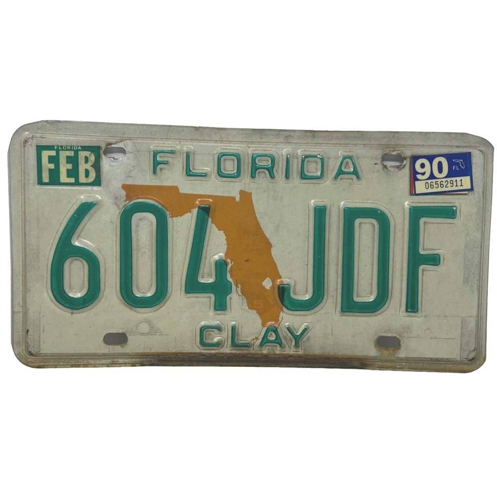 Florida License Plate 1990 Clay County 604 JDF Vintage Tag